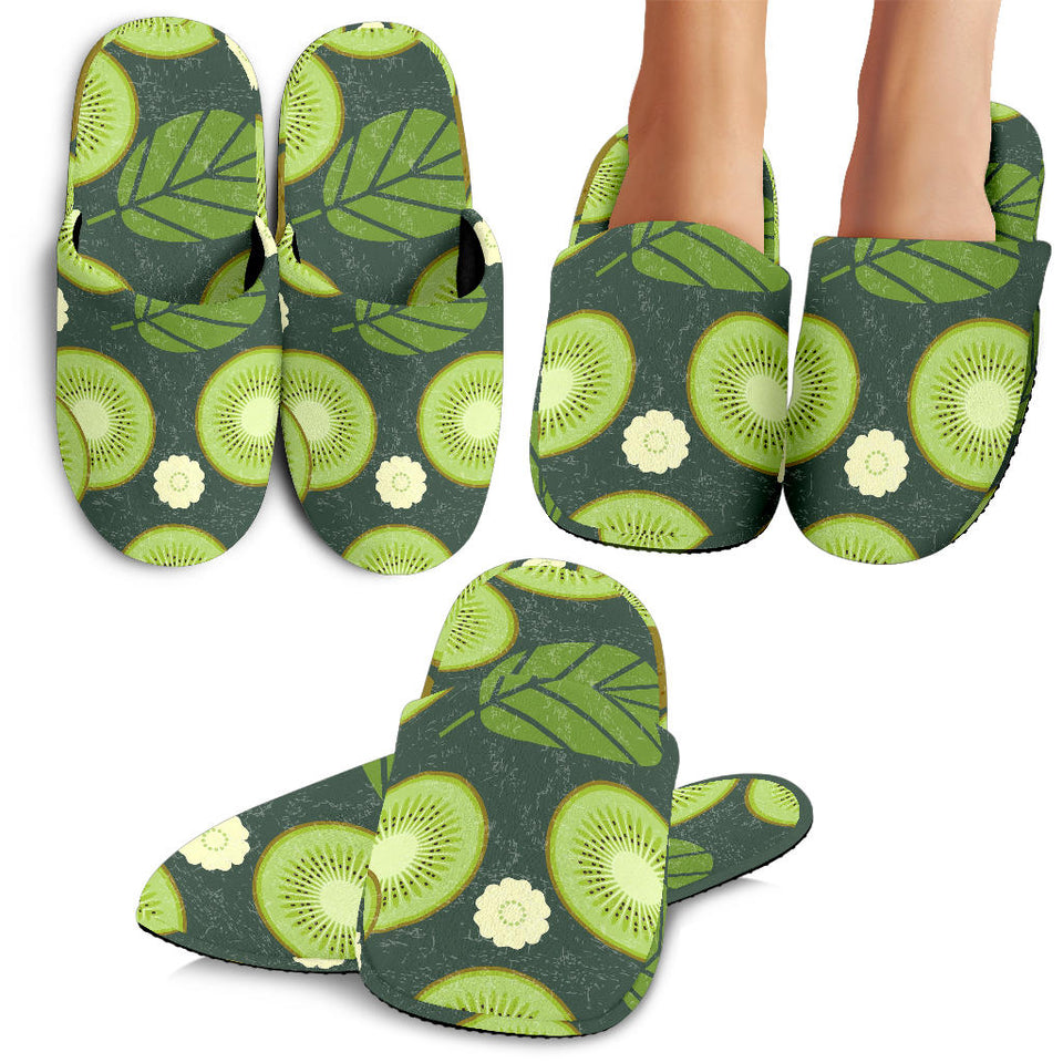 Whole Sliced Kiwi Leave And Flower Slippers