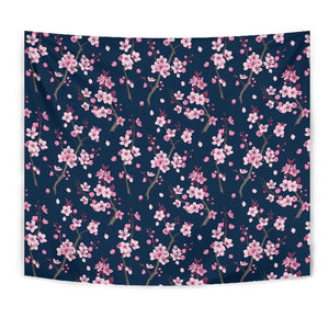 Pink Sakura Cherry Blossom Blue Background Wall Tapestry