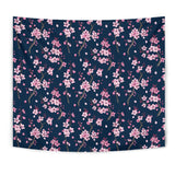 Pink Sakura Cherry Blossom Blue Background Wall Tapestry