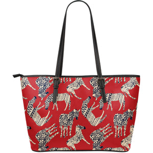 Zebra Abstract Red Background Large Leather Tote Bag