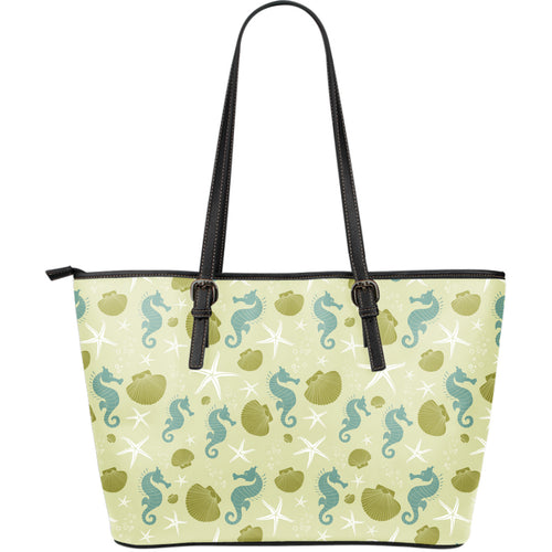 Seahorse Shell Starfish Pattern Background Large Leather Tote Bag