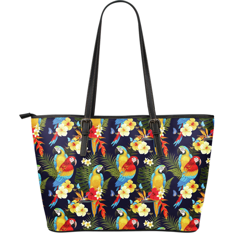 Colorful Parrot Flower Pattern Large Leather Tote Bag