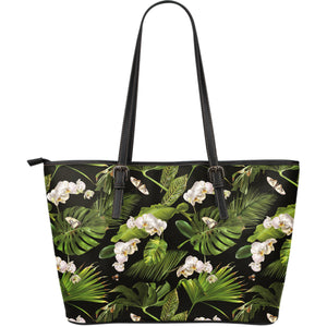 White Orchid Flower Tropical Leaves Pattern Blackground Large Leather Tote Bag