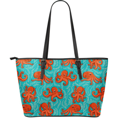 Octopus Turquoise Background Large Leather Tote Bag