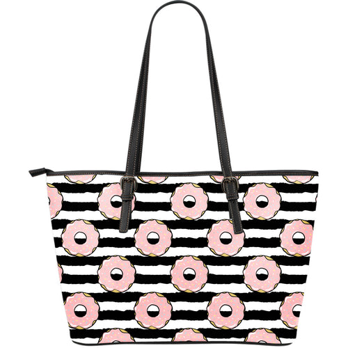 Donuts Pink Icing Striped Pattern Large Leather Tote Bag