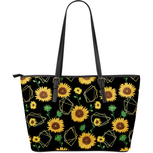Sunflower Golden Polygonal Shapes Large Leather Tote Bag