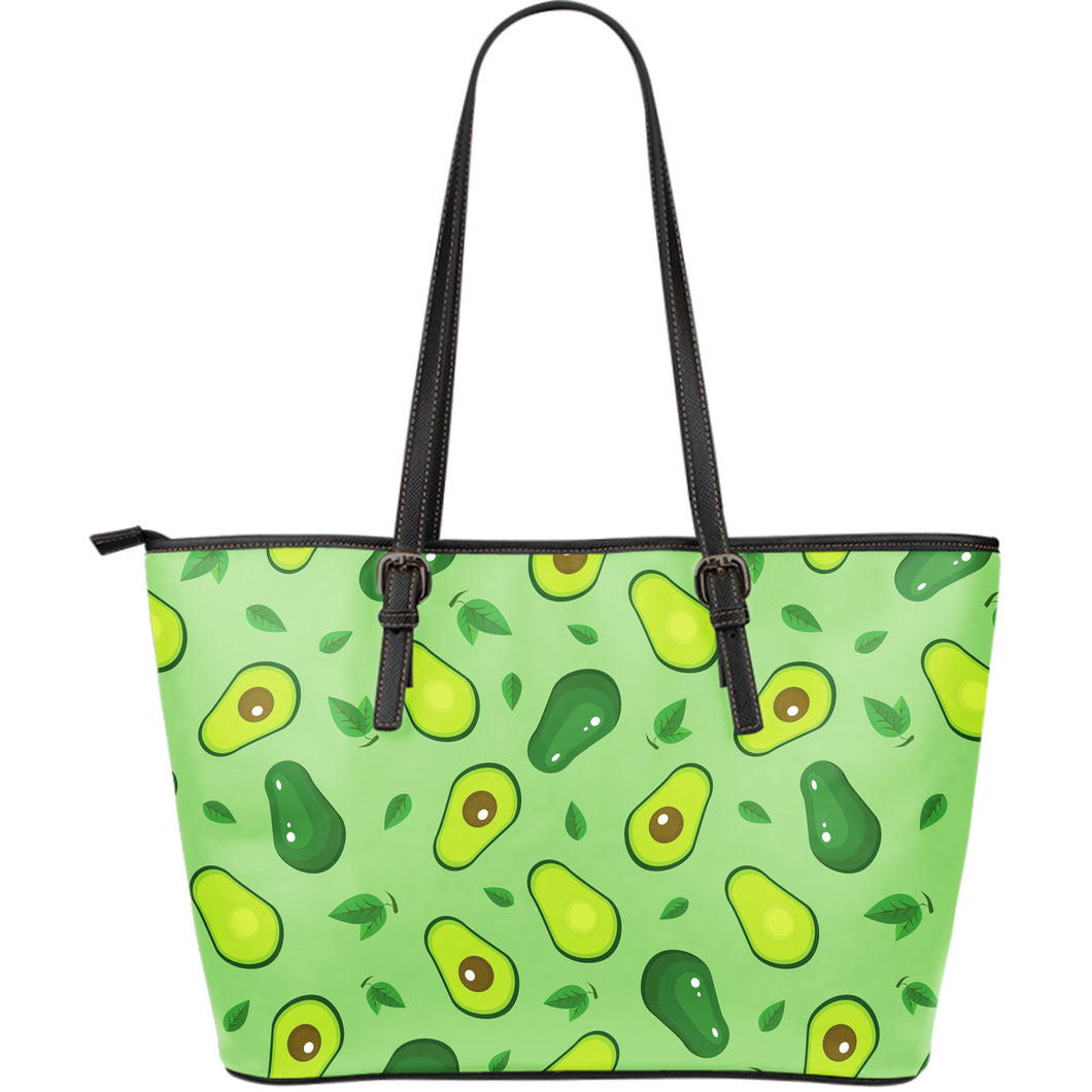 Avocado Pattern Green Background Large Leather Tote Bag