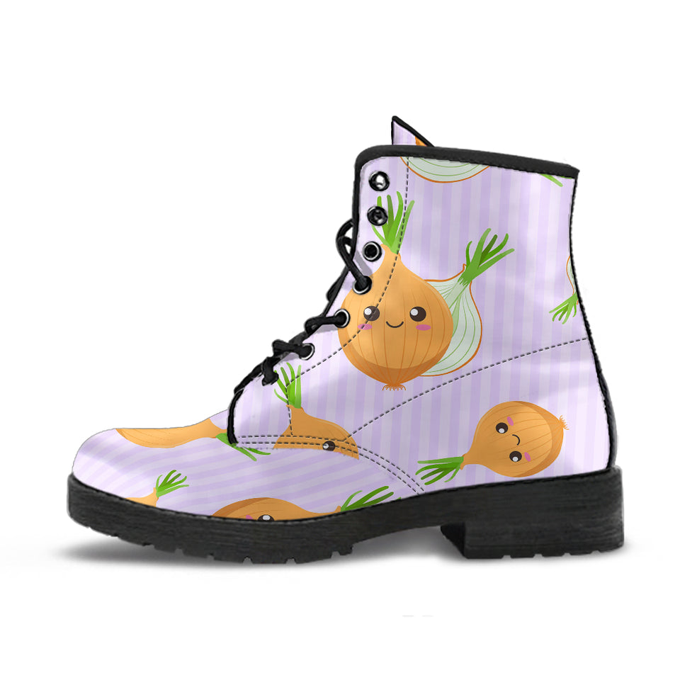 Cute Onions Smiling Faces Purple Background Leather Boots