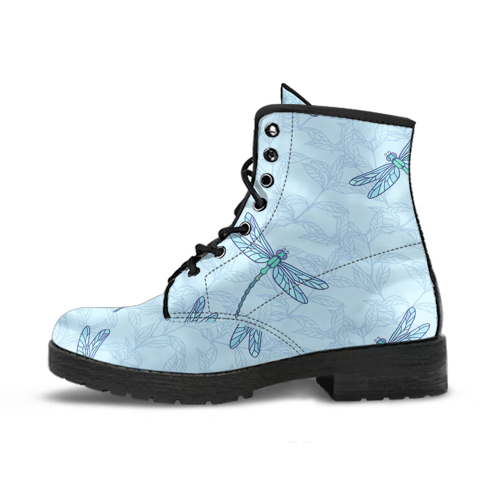 Dragonfly Pattern Blue Background Leather Boots