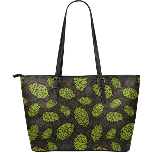 Hop Pattern Black Background Large Leather Tote Bag