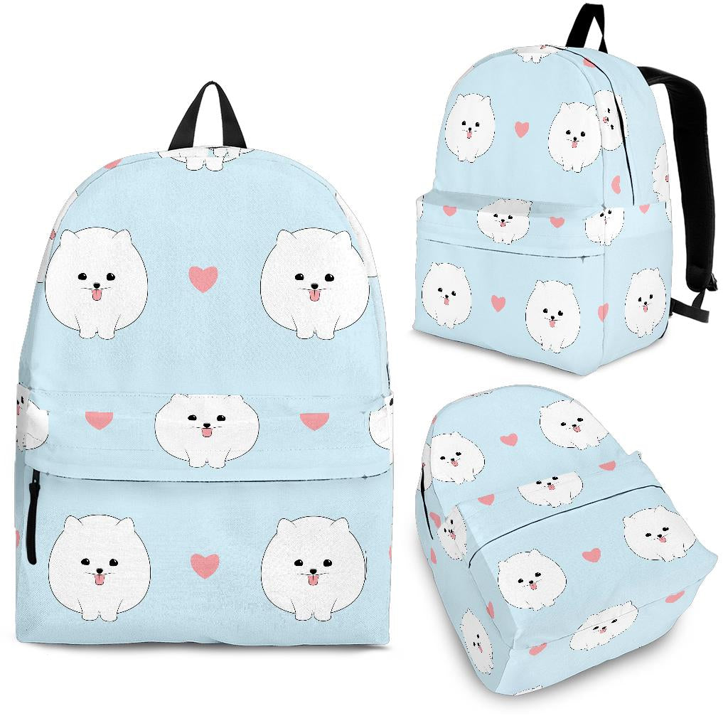White Cute Pomeranian Pattern Backpack