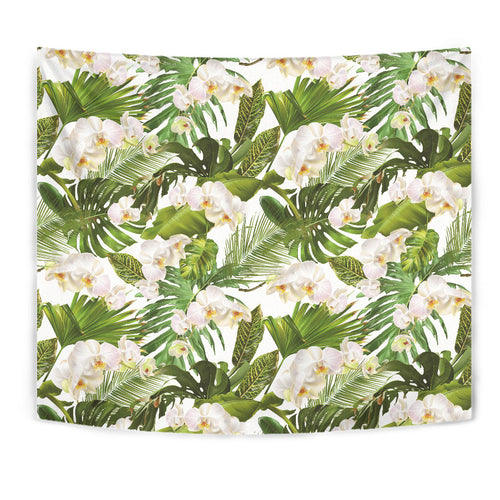 White Orchid Flower Tropical Leaves Pattern Wall Tapestry