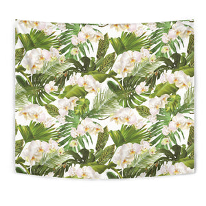 White Orchid Flower Tropical Leaves Pattern Wall Tapestry