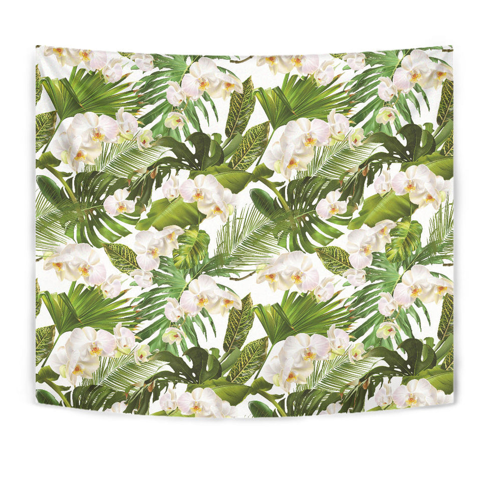 White Orchid Flower Tropical Leaves Pattern Wall Tapestry