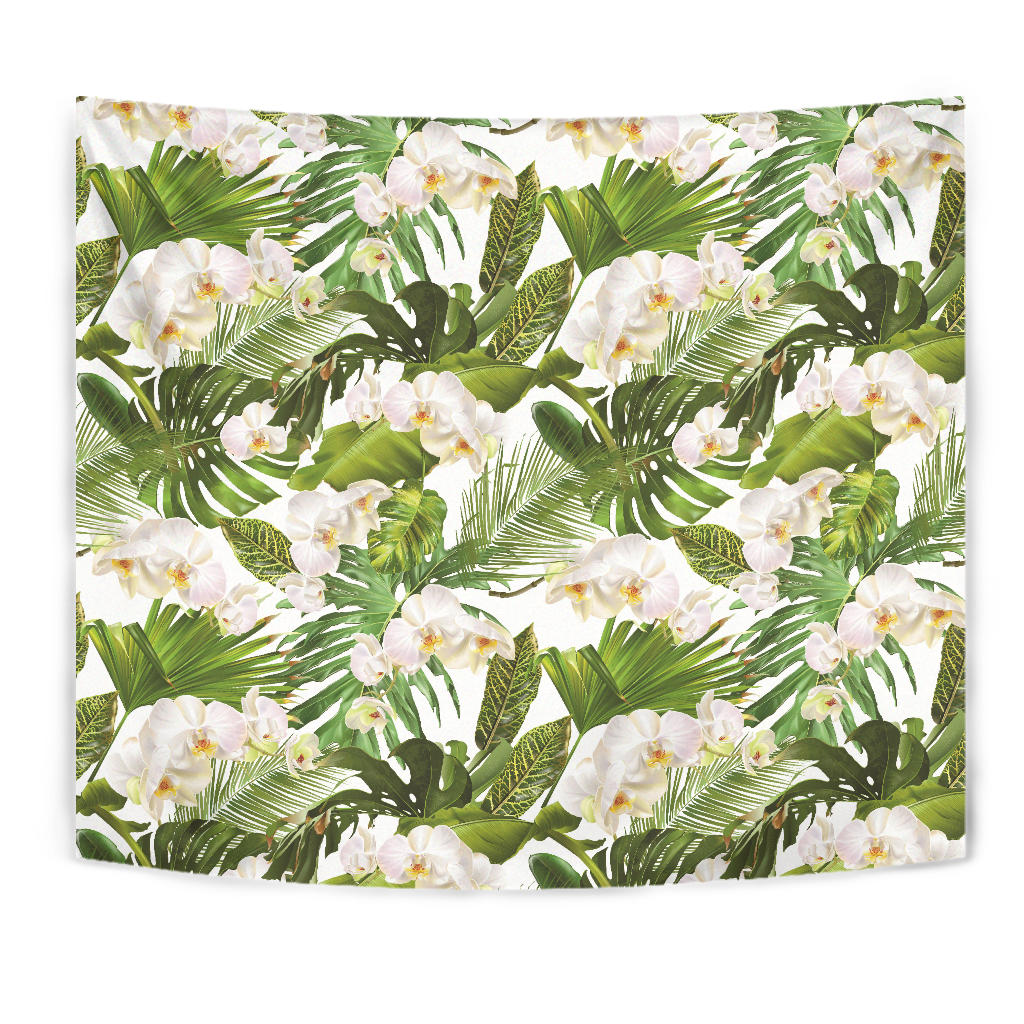 White Orchid Flower Tropical Leaves Pattern Wall Tapestry