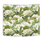 White Orchid Flower Tropical Leaves Pattern Wall Tapestry