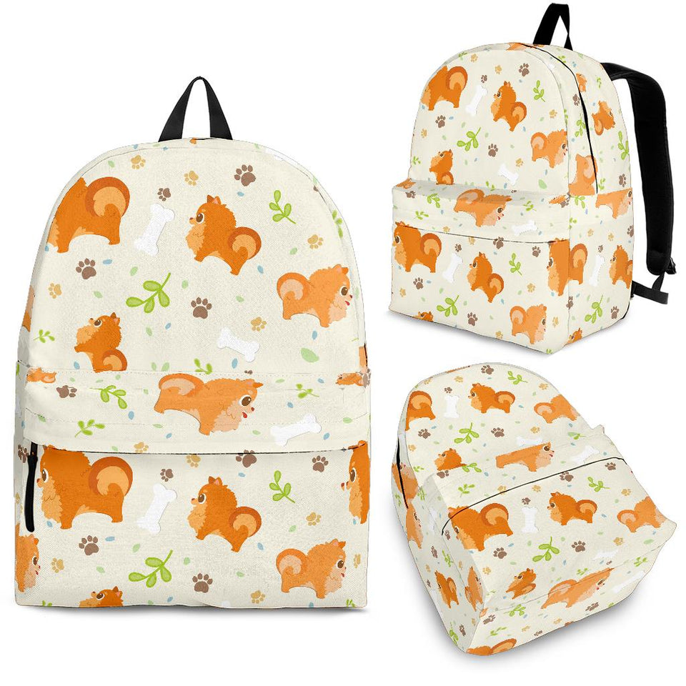 Cute Brown Pomeranian Paw Leave Bone Pattern Backpack