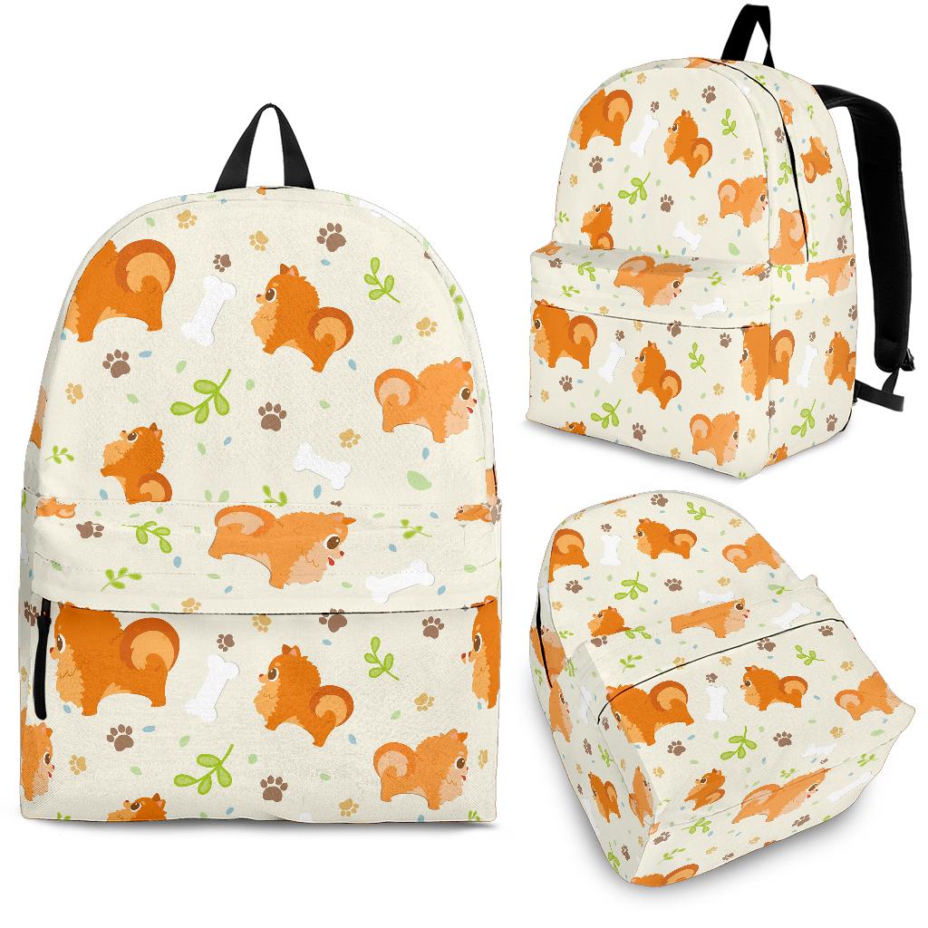 Cute Brown Pomeranian Paw Leave Bone Pattern Backpack