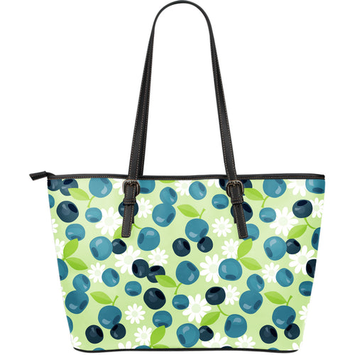 Blueberry Flower Pattern Large Leather Tote Bag