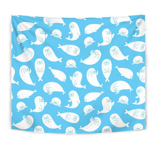Cute White Sea Lion Seals Pattern Wall Tapestry