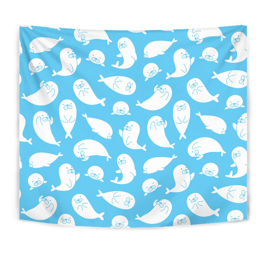 Cute White Sea Lion Seals Pattern Wall Tapestry
