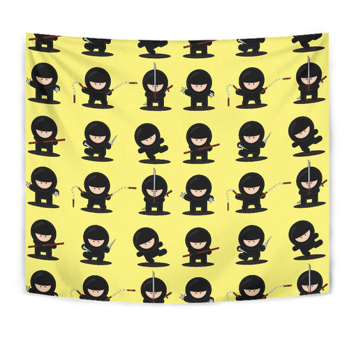 Cute Ninja Yellow Background Wall Tapestry