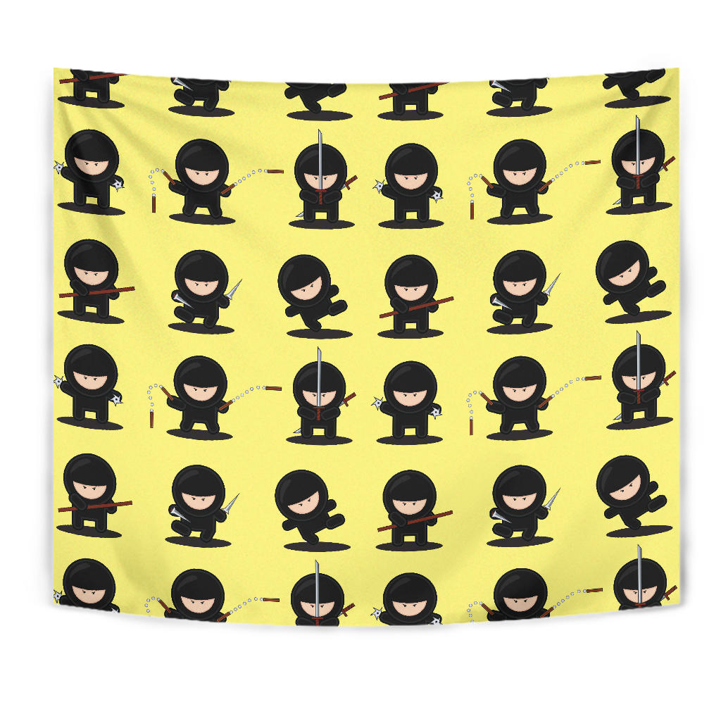 Cute Ninja Yellow Background Wall Tapestry