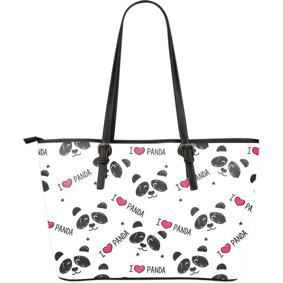 Hand Drawn Faces Of Pandas Pattern Large Leather Tote Bag