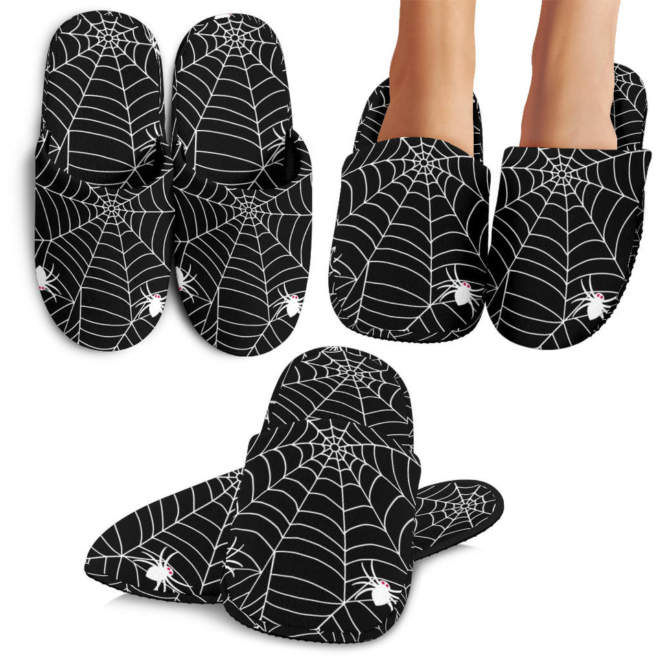 Spider Web Design Pattern Black Background White Cobweb Slippers