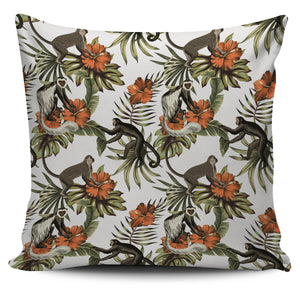 Monkey Red Hibiscus Flower Palm Leaves Floral Pattern Pillow Cover