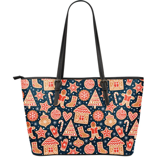 Christmas Gingerbread Cookie Pattern Large Leather Tote Bag