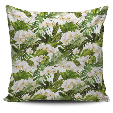 White Orchid Flower Tropical Leaves Pattern Pillow Cover