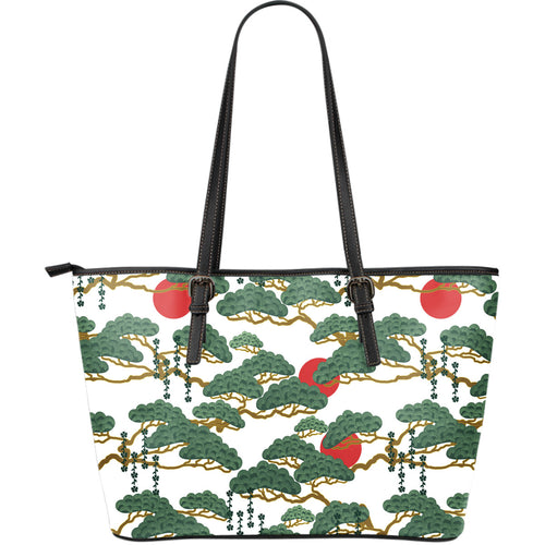 Bonsai Red Sun Japanese Pattern Large Leather Tote Bag