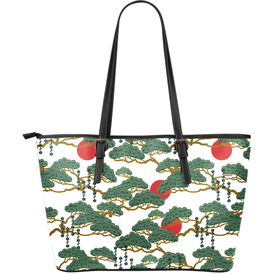 Bonsai Red Sun Japanese Pattern Large Leather Tote Bag