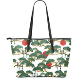 Bonsai Red Sun Japanese Pattern Large Leather Tote Bag