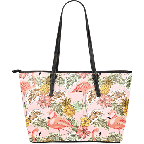 Pink Flamingo Birds Pineapples Hibiscus Flower Pattern Large Leather Tote Bag