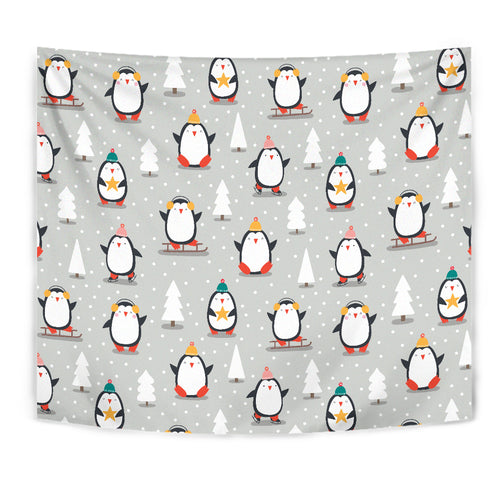 Cute Penguin Christmas Pattern Wall Tapestry