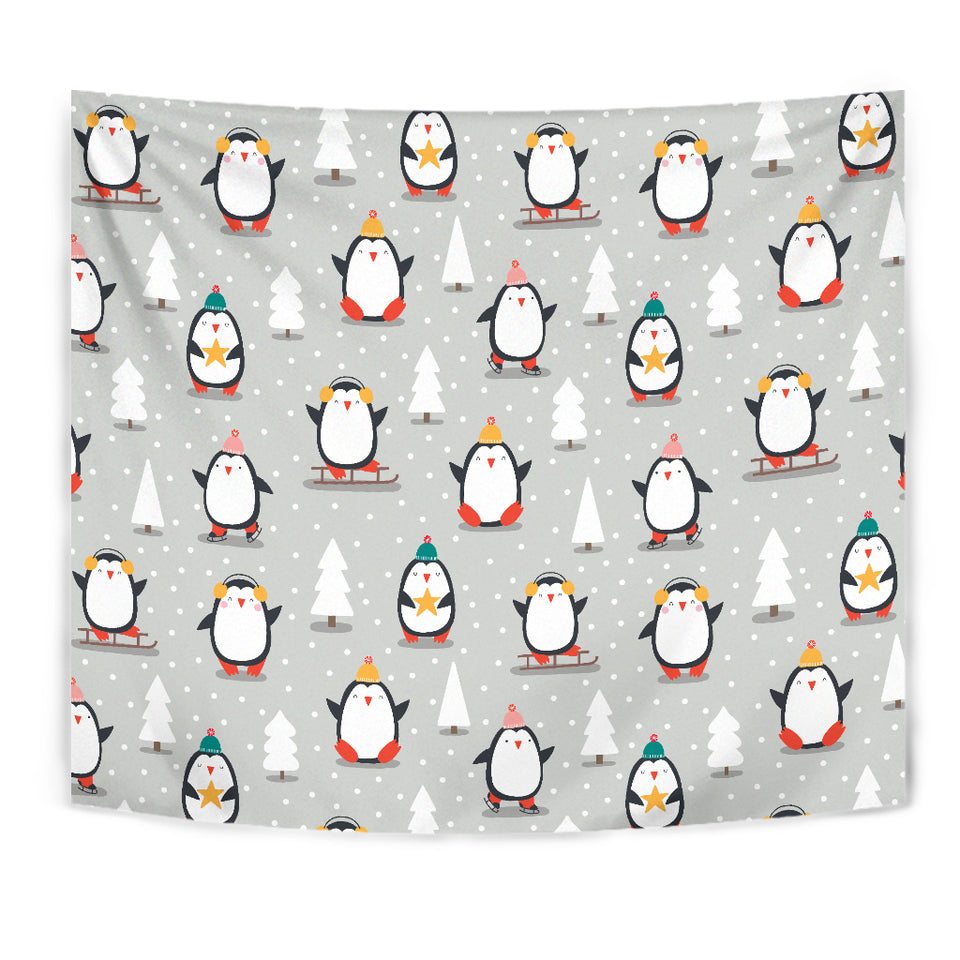 Cute Penguin Christmas Pattern Wall Tapestry