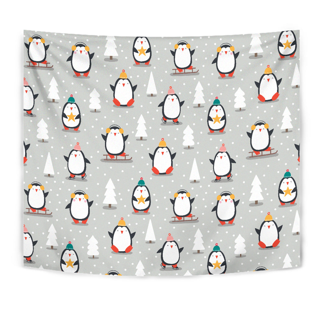 Cute Penguin Christmas Pattern Wall Tapestry