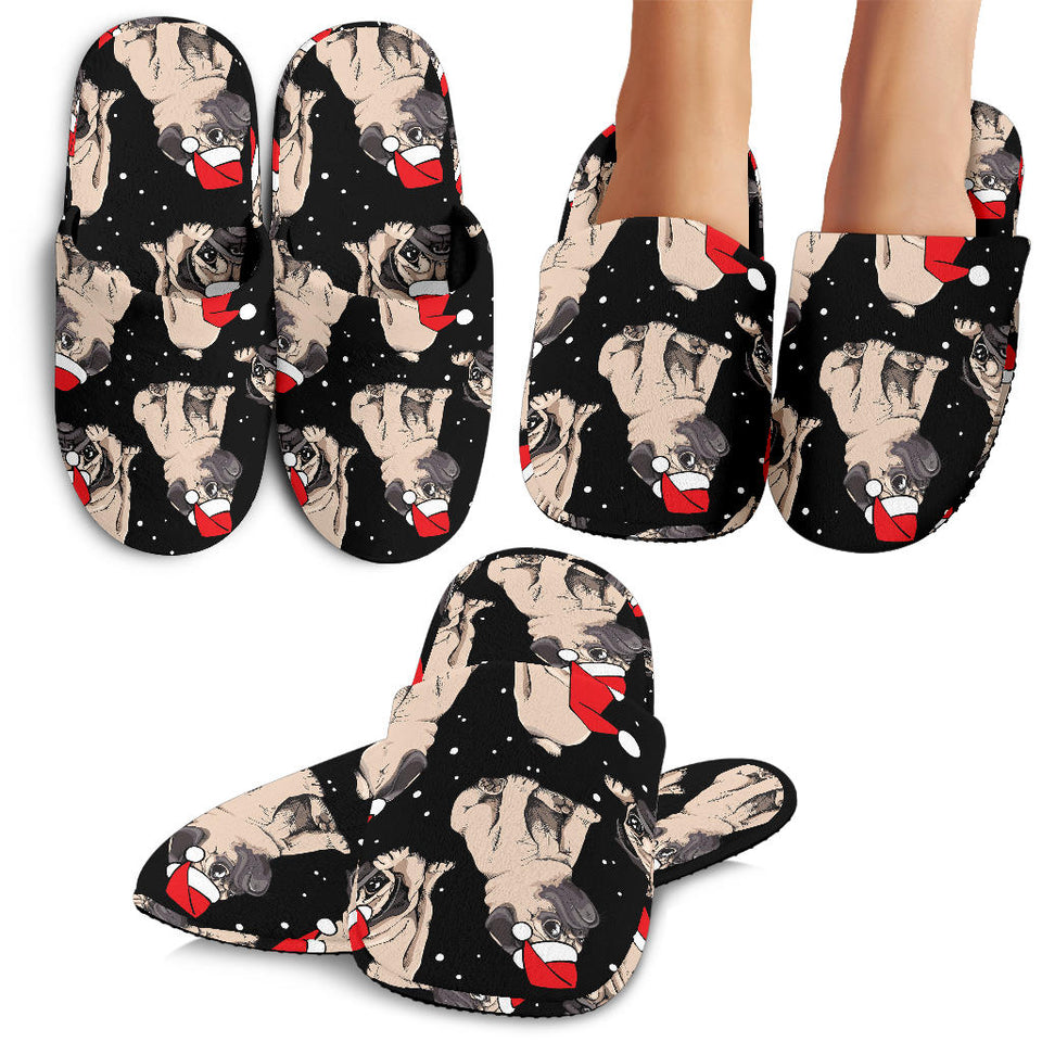 Christmas Pugs Santa_S Red Cap Pattern Slippers