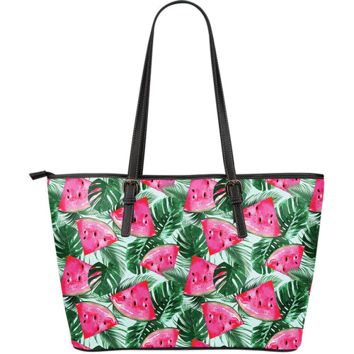 Watermelons Tropical Palm Leaves Pattern Large Leather Tote Bag
