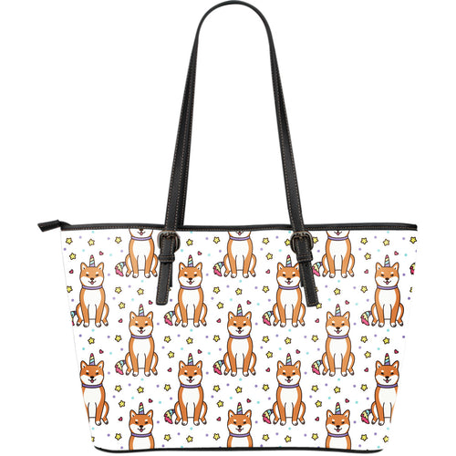 Shiba Inu Unicorn Costume Horn Colorful Tail Pattern Large Leather Tote Bag