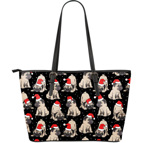 Christmas Pugs Santa_S Red Cap Pattern Large Leather Tote Bag
