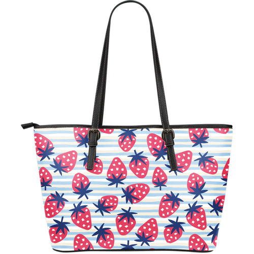 Strawberry Pattern Blue Lines Background Large Leather Tote Bag
