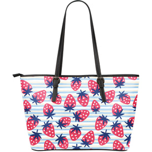 Strawberry Pattern Blue Lines Background Large Leather Tote Bag