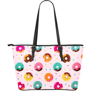 Donut Pattern Glaze Pink Background Large Leather Tote Bag
