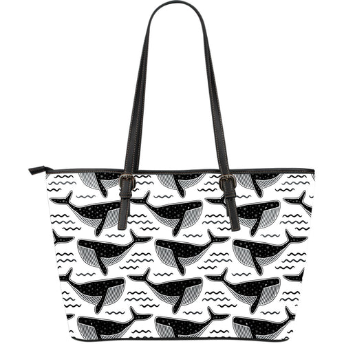 Black Whale Pattern Large Leather Tote Bag