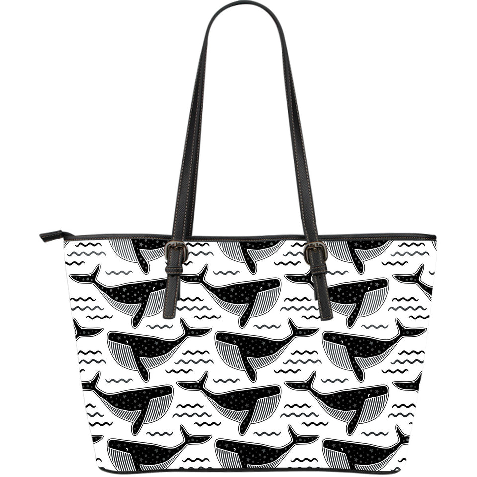 Black Whale Pattern Large Leather Tote Bag
