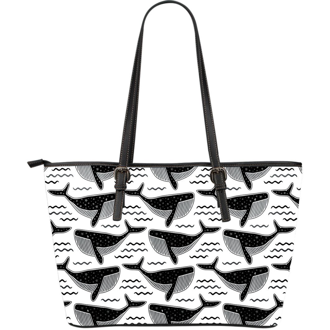 Black Whale Pattern Large Leather Tote Bag