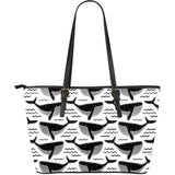Black Whale Pattern Large Leather Tote Bag